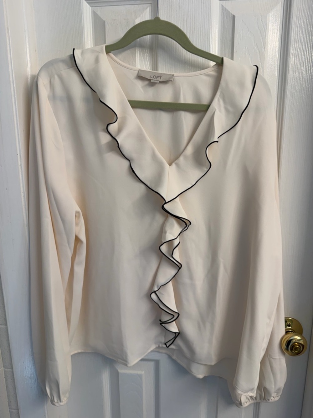 LOFT Cream Ruffle V-Neck Blouse with Black Trim